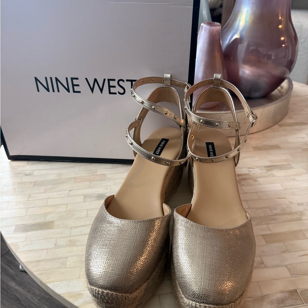 Gold Espadrille Flats with Ankle Strap